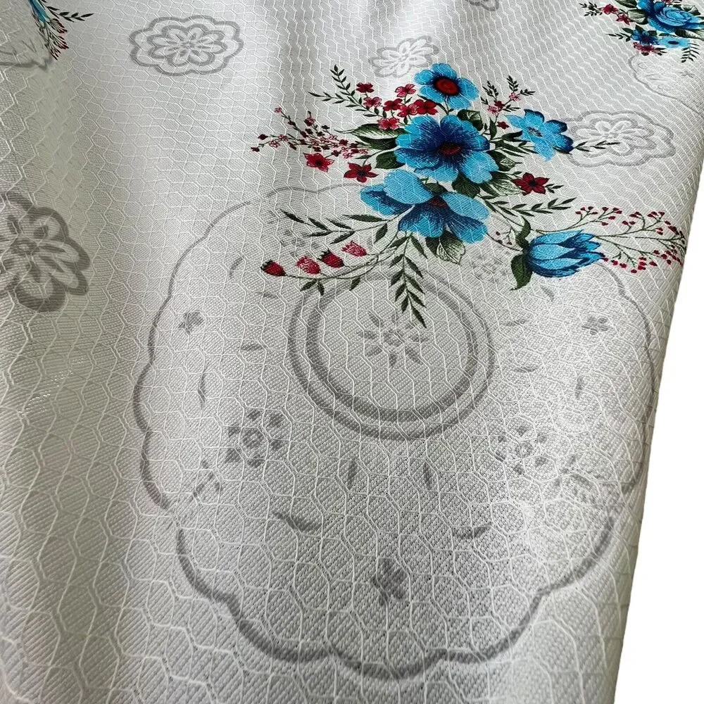 VTG Blue Floral Lace Trim Tablecloth Baroque Texture Satin 62x90” Rectangle Boho